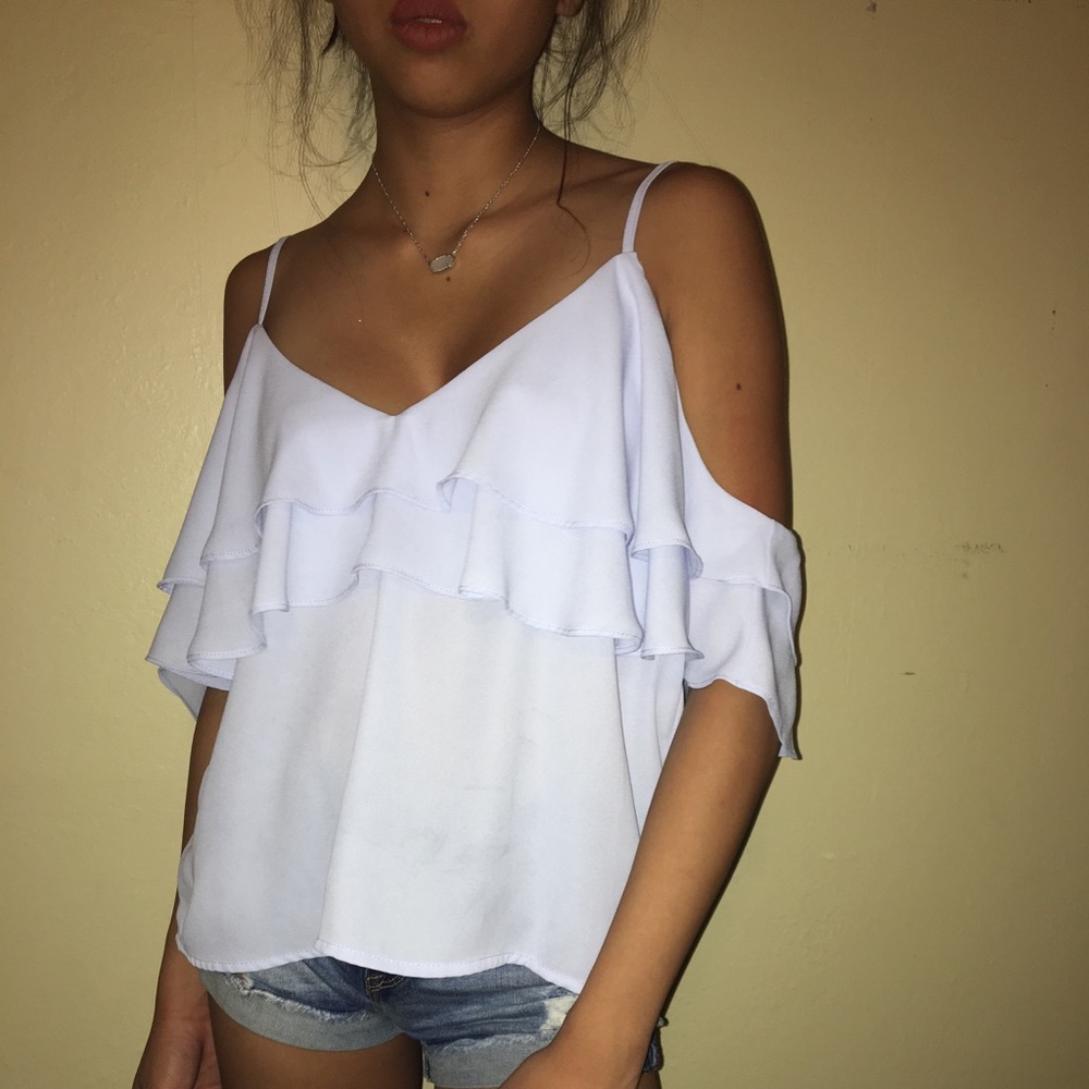 Light Blue Ruffled Off-The-Shoulder Top - Picture 4 of 5